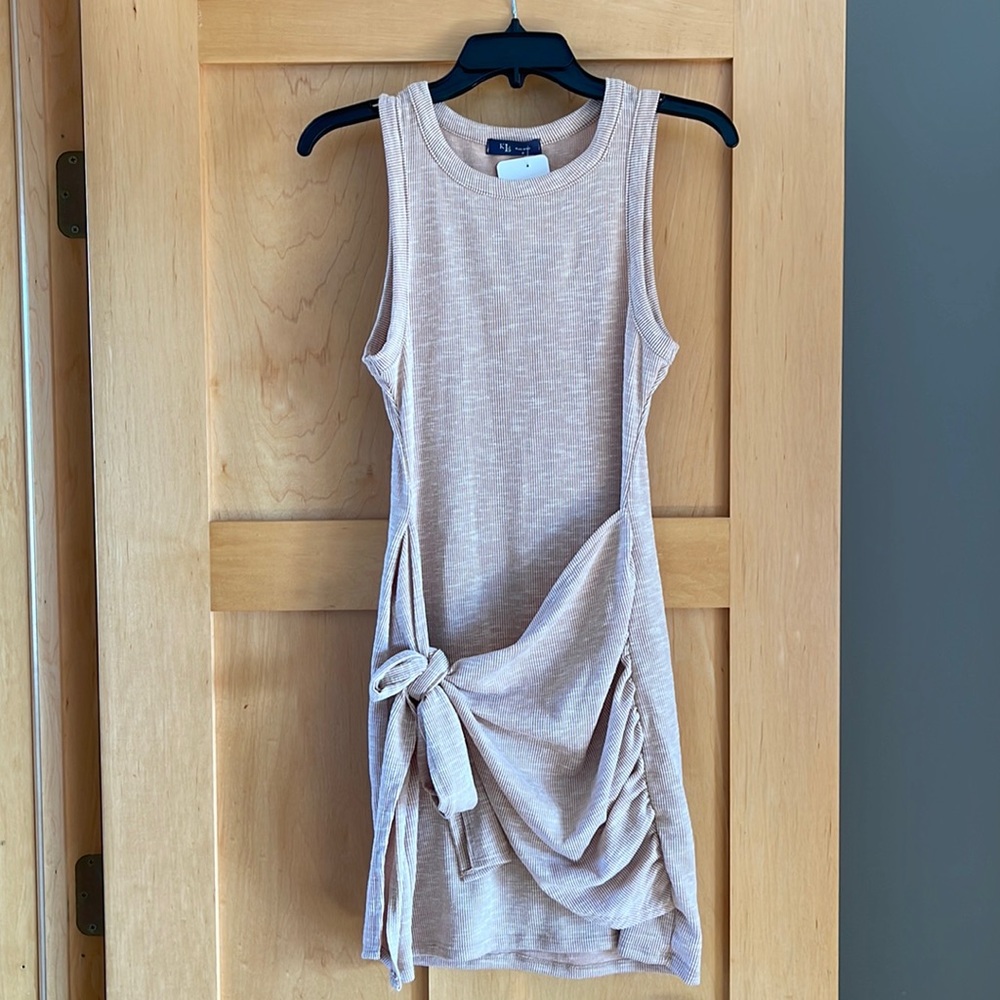 KLD, BodyCon ribbed mini dress, tan, size small, new with tags